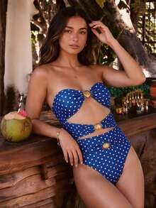Maillot de bain une pièce sans bretelles avec découpes, à pois blancs sur fond bleu, 1 pièce maillot de bain une pièce élégant et décontracté pour les fêtes de vacances à la plage - Multicolore - Voir 2