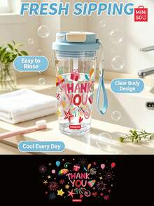 MINISO Transparent Water Cup, Cute Colorful Letter Pattern Coffee Cup, Fresh And Clean, 550ML Transparent Water Cup, Straw, Travel Easy To Carry; Valentine's Day Gift. - Baby Blue - View 2