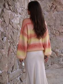 FOR BEAUTY Fall Winter Women Sweaters Y2K Chic Ombre Striped Crewneck Knit Tops Sunset Gradient Loose Pullover Lantern Sleeve Date Brunch Outfits - Multicolor - View 5