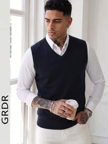 GRDR Men's Solid Color V-Neck Elegant Fashion Knitted Vest, Autumn/Winter - Navy Blue - View 4
