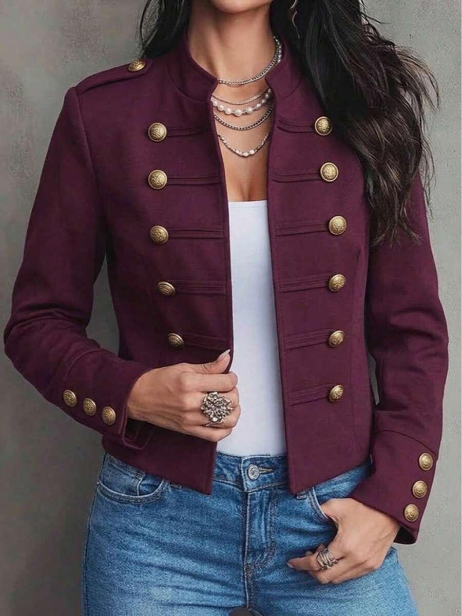 Burgundy Napoleon Style Short Jacket, Stand Collar Gold Button Military Officer Style Waist-Cinching Blazer - Burgundy - View 1