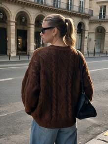 NOVELLE Women's Vintage Brown Cable Knit Sweater, Autumn Winter Loose Drop Shoulder Lazy Style Versatile Pullover Top, For School And Commute - Brown - View 4