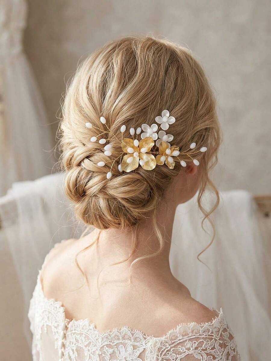 1 buah Sisir Rambut Berhiaskan Kristal Bunga dan Daun Emas Bergaya Vintage, Cocok untuk Pernikahan, Sehari-hari, Pesta & Festival, Aksesori Rambut Wanita - Emas - View 1