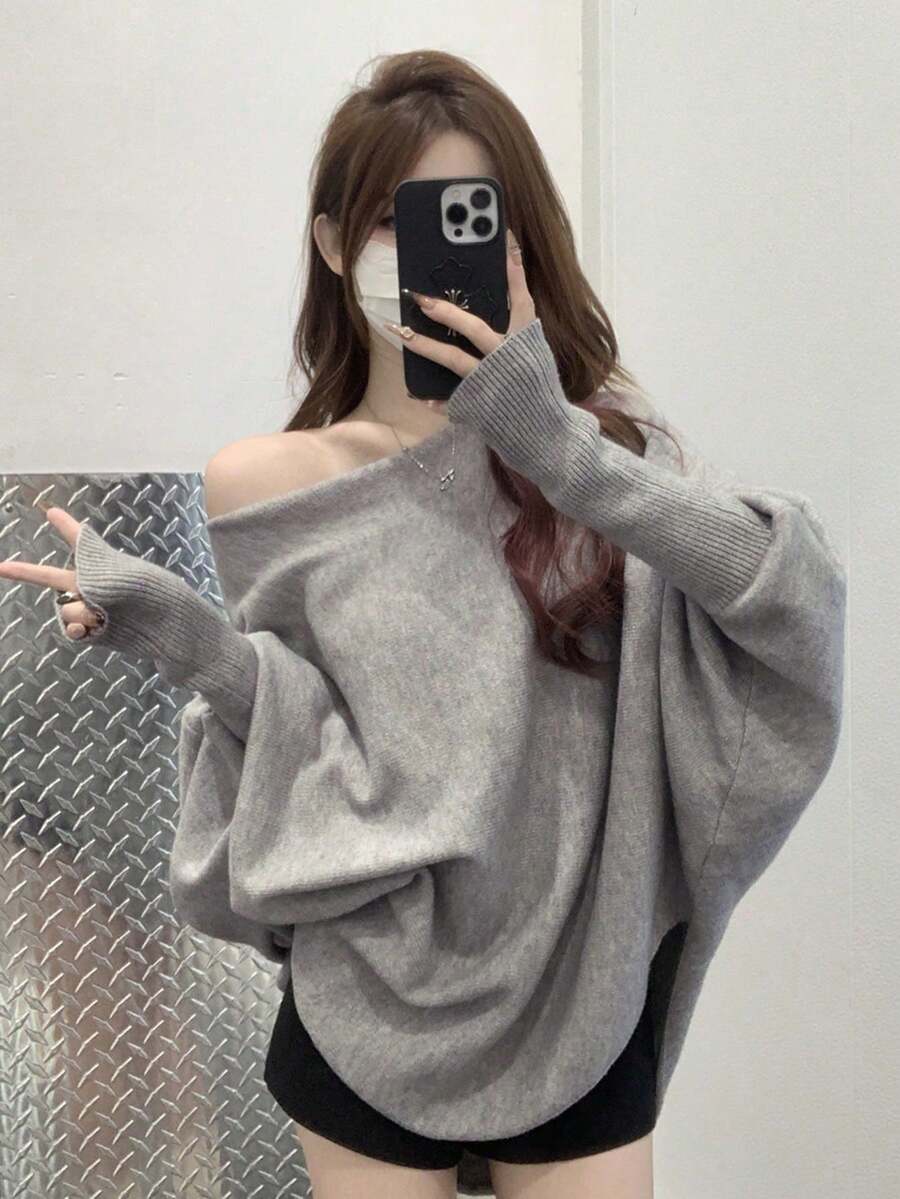 Autumn/Winter Korean Style Elegant Loose Off Shoulder Batwing Sleeve Knit Sweater Inner Layer Women Tops - Grey - View 1