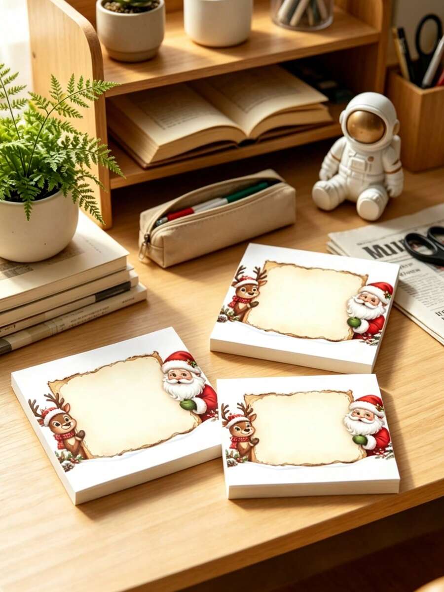 2pcs/100 Sheets Thick Leak-Proof Self-Adhesive Vintage Christmas Sticky Notes With Santa Claus And Reindeer Border, Smooth Writing And Tear-Resistant Pages, Suitable For Student Exam Grading, Office Memo And Diary Collage, Scrapbooking - Christmas Sticky Notes - View 1
