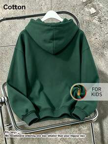 Kids Cute Long Sleeve Hoodie With Cartoon Cat Holding Fish Graphic Print Casual Drawstring Pullover - Dark Green - View 2