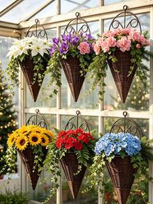6pcs/4pcs Creative Simulation Fan Hanging Vase Flower Basket Triangle Wall Art Rattan Woven Wall Hanging Flower Device Indoor Decoration Hanging Basket Flower Pot Holder - Flower Basket - View 2