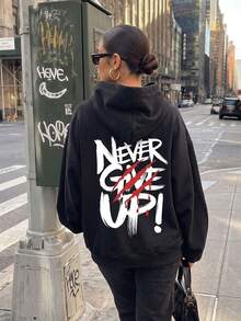 Women's Black Loose Fit Sweatshirt Sweatshirt With "Never Give Up!" Graphic, Long Sleeve Ribbed Knit Streetwear Sports Top - Black - View 2