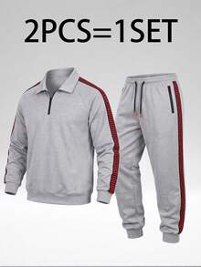 Men's Casual Sports Outfit Spring Autumn, Lapel Pullover Sweatshirt + Jogger Pants Two Pieces Set, Daily Work Fitness Running Wear Men's Suit - Light Grey - View 2
