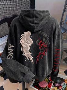 Plus Size Loose Fit Hooded Sweatshirt, Angel And Demon Wings With Red And White Rose Print, Comfortable Pullover - Black - View 4