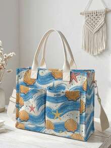 1pc Starfish And Seashells Print Corduroy Multi-Pocket Large Capacity Storage, Snap Button Closure, Shoulder Tote Bag For Student Daily Commute School - Multicolor - View 10
