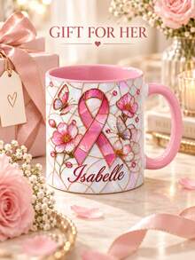 Custom Name Pearl Mosaic Ribbon Mug, Personalized Butterfly Floral Coffee Cup, Breast Cancer Awareness Gift, Breast Cancer Design, Warrior - Multicolor - View 6