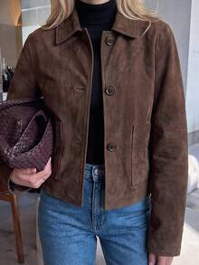 Jaket Kardigan Pendek Wanita Gaya Vintage Y2K Bahan Suede Imitasi dengan Kerah dan Kancing Satu Baris - Coklat - View 6