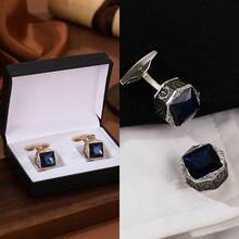 2PCS Men's Silver Alloy Deep Blue Sapphire Shirt Cufflinks, Detachable Fixed Shirt Cufflinks, Gift Box Set, Suitable For Going Out And Attending Parties - Gold Silver - View 2
