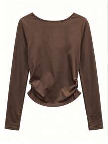 American Style Cross Rhinestone Round Neck Long Sleeve T-Shirt - Brown - View 3
