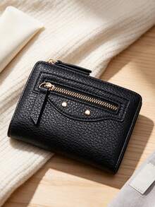 Women's Short Bifold Wallet, Classic Black Faux Leather Card Holder, Multi‑Slots Small Purse With Zipper Pocket, Rivet Decor Compact Coin Purse. - Black - View 11