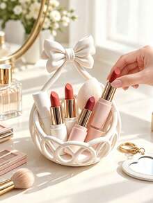 Bow-Shaped Storage Basket/Accessory Tray, Matte Pale Pink; Suitable For Jewelry And Vanity Organization. Bow-Shaped Cosmetic Storage Box, For Storing Makeup Tools, Storage Box, Portable Lipstick And Lip Gloss Bag, New Gift Leather Coin Purse, Keychain Pendant, Girls' Heart-Shaped Mini Makeup Mirror, - Multicolor - View 5