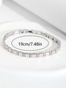 1pc Minimalist Elegant Sparkling Cubic Zirconia Inlaid Polished Square Design Bracelet, Suitable For Women's Wedding And Party Wear, Gift Box Not Included - Silver - View 6