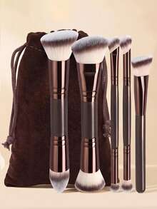 6Pcs Double Ended Makeup Brushes Set, Professional Multi-Function Cosmetic Brushes With Drawstring Storage Pouch, For Foundation, Blush, Concealer, Eyeshadow, Portable Cosmetic Applicator Kit For Daily Makeup - Brown - View 6