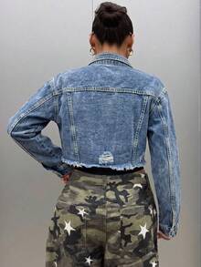 Women's Washed Denim Short Shacket, Shirt Collar, Long Sleeve Short Jacket, Autumn Fashion Choice - Blue - View 3