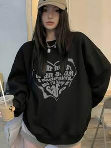Sweet Cool Style Printed Heart Slogan Crew Neck Sweatshirt, Minimalist Black Slimming Loose Long Sleeve Pullover, Daily Commute Autumn Top - Black - View 2