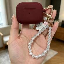 Wine Red Earphone Case With Pearl Pendant, Compatible With AirPods 1/2/3, Pro 2/3, 4/5, Soft Silicone Protective Cover, Exclusive Gift For Women - Burgundy - View 12