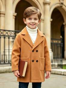 Young Boy Autumn/Winter Solid Color Wool Blend Patch Pocket Button Lapel Casual Jacket - Brown - View 1
