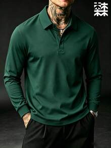 mulinsen Men's Long Sleeve Turned-Down Collar Polo Shirt Solid Slim Fit Simple Business Casual Top Knit Fabric Commute Versatile Easy To Care For - Green - View 5