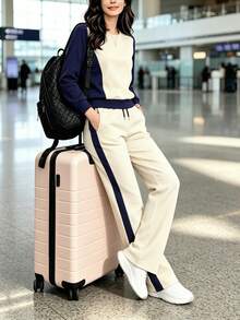 Spring Autumn Winter Women's New Casual Versatile Colorblock College Style Round Neck Short Sleeve Top And High Waist Loose Straight Leg Long Pants 2 Pieces Set, T-Shirt And Colorblock Long Pants Outfit, Vacation Wear, Travel Wear, Beach Style, Minimalist Vacation Outfit - Apricot + Navy Blue - View 3