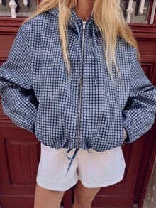 CAREE 女款秋冬格紋連帽拉鍊外套，抽繩下擺寬鬆短版休閒外套，附側邊口袋 - 彩色 - 查看 2