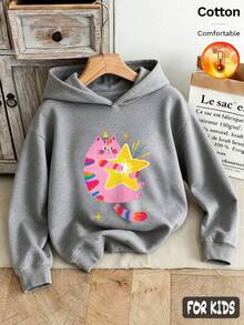 Fall/Winter 3 Pieces Set Girls' Hooded Fleece Sweatshirt, Unicorn, Star, And Cartoon Animal Patterns, Gray Long Sleeve Soft Y2K Style - Heather Gray+Heather Gray+Heather Gray - View 2