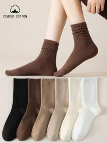6 Pairs Women's Mid-Calf Socks, Solid Color Vertical Striped, Retro Marron Tone, Soft Breathable Slouch Cotton Socks, Autumn/Winter - Multicolor - View 1