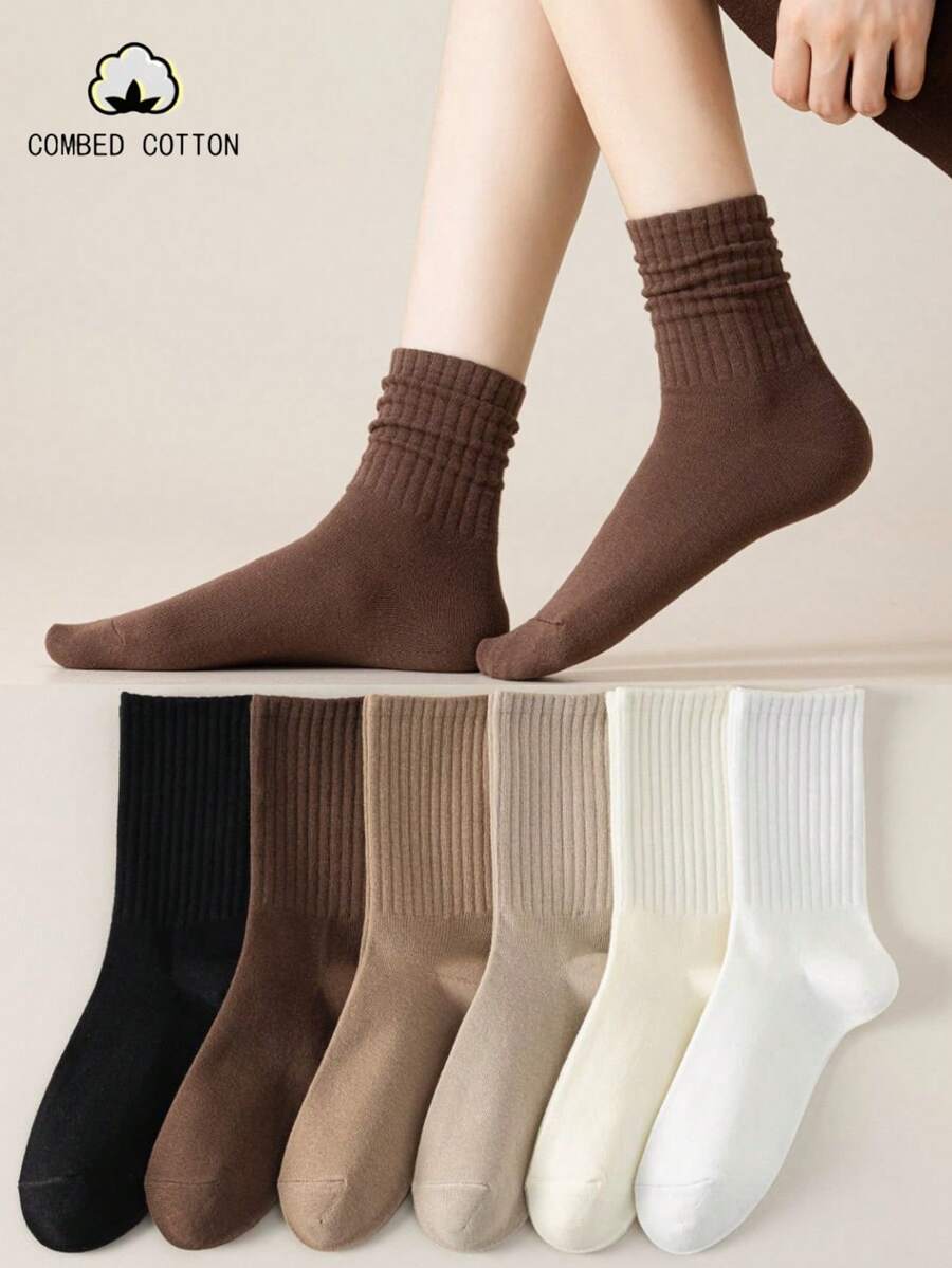 6 Pairs Women's Mid-Calf Socks, Solid Color Vertical Striped, Retro Marron Tone, Soft Breathable Slouch Cotton Socks, Autumn/Winter - Multicolor - View 1