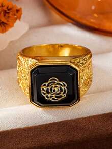 1pc Men's Business Fashion Luxury Vintage Personalized Black Ring, Wedding Engagement Party Jewelry Gift - Gold - View 4