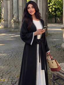 Rhinestone Trim Open Front Abaya Cardigan Outerwear, Belted Long Sleeve Modest Muslim Maxi Robe - Multicolor - View 6