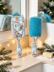 1pc Charming Macaron Color Rectangular Paddle-Shaped Transparent Floating Bead Handle Christmas Theme Printed Hair Comb, Women's Gift, Travel Essential, Ideal Christmas Gift For Holiday Parties And Daily Outings - Multicolor - View 3