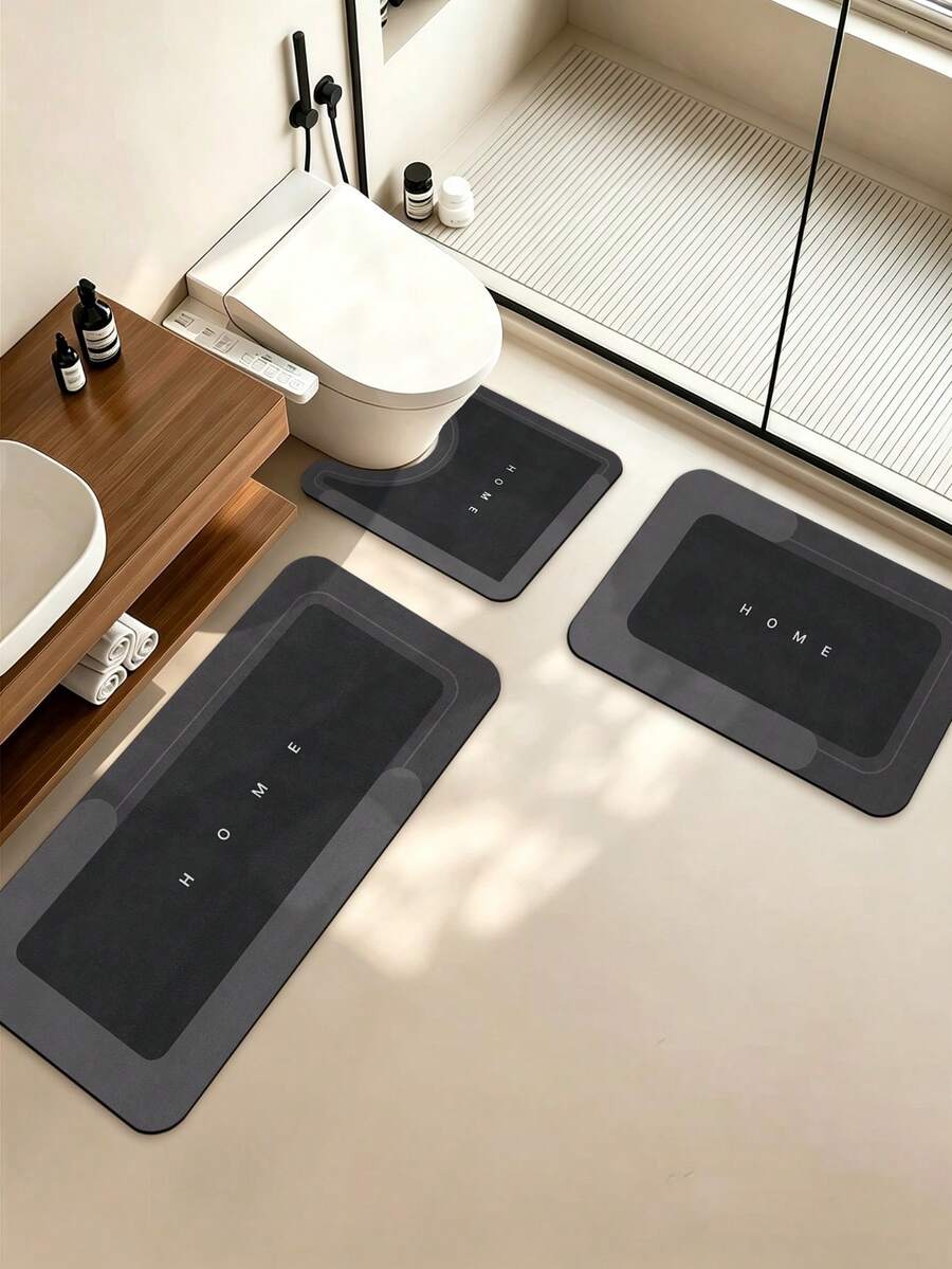 1/3pcs HOME Letter Black Non-Slip Absorbent Bathroom Mat, Silica Gel Retro Pattern U-Shaped Toilet Mat, Washbasin Absorbent Foot Mat, 2.5mm Thick Home Bathroom Decor Bath Rug Floor Carpet Outdoor Rug Door Mat Fall Decor Bathroom Accessories Back To School Entryway Decor