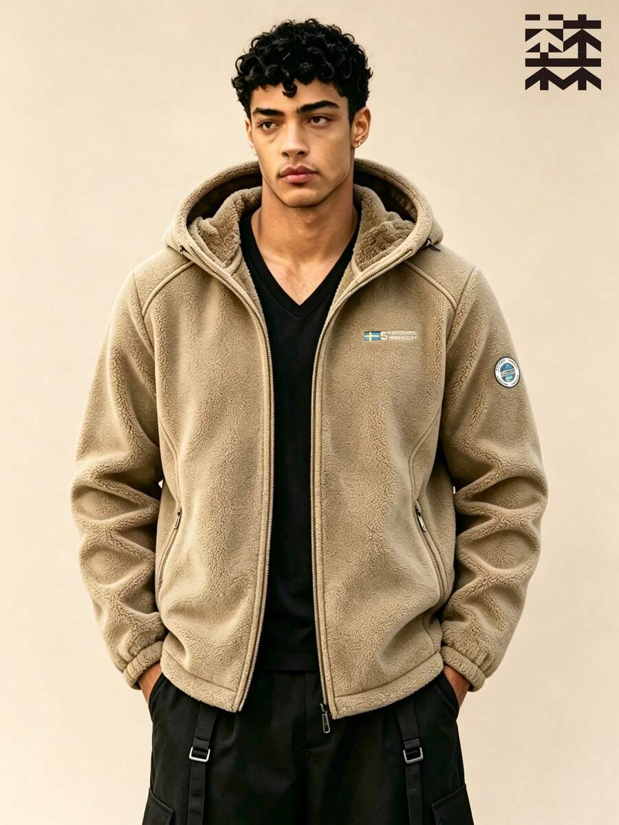 mulinsen Men's Hooded Zipper Fleece Jacket With Thick Lining For Warmth, Outdoor Casual Winter Loose Top - Khaki - View 1