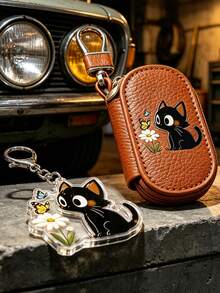 Black Cat Cartoon Cute Key Pouch, Cartoon Cute Car Remote Key Bag, Matching Cat Pendant, Zipper Closure, Unisex Multi-Function Car Key Storage Bag, Portable Coin Purse, Pendant Wrist Strap Keychain, Solid Color Minimalist Lychee Texture Women's Lychee Texture Key Bag, Universal Car Key Bag, Large Capacity Lightweight Home Key Bag, Ideal Gift For Cat Lovers, Can Be Used As Birthday Gift, Graduation Gift - Multicolor - View 3