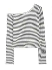 Women's Spring/Autumn Niche Versatile Slouchy Slim Fit Striped Elegant Asymmetric Shoulder Long Sleeve Inner Layer Base T-Shirt Top - White - View 6