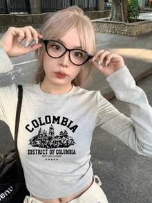 Women's Fashion Autumn/Winter Round Neck Casual Minimalist Versatile Letter Print Short Long Sleeve T-Shirt For Seasonal Outfit - Light Gray - View 1