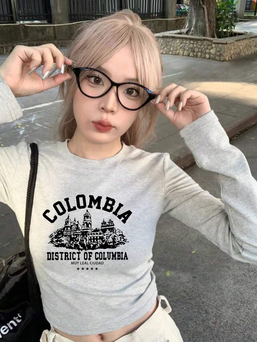 Women's Fashion Autumn/Winter Round Neck Casual Minimalist Versatile Letter Print Short Long Sleeve T-Shirt For Seasonal Outfit - Light Gray - View 1