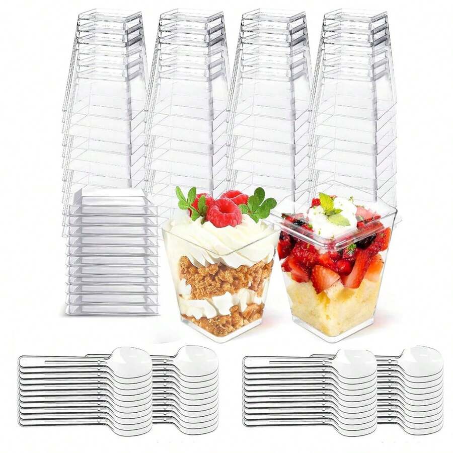 100/50/30/20/10 cái cốc tráng miệng vuông 5oz kèm nắp và thìa - cốc tiệc trong suốt tái sử dụng, phù hợp cho sữa chua/kem/bánh kem - đám cưới, sinh nhật, Giáng sinh, lễ Eid (có thể xếp chồng) - Nhiều màu - Xem 1