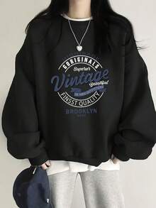 Women's Fashion Autumn/Winter Loose Casual Versatile Letter Print Pattern Crew Neck Sweatshirt - Black - View 5