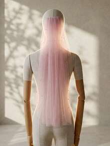1pc Pink See-Through Tulle Scattered Pearl Veil, Long Flowy Bridal Veil For Pre-Wedding Portrait - Multicolor - View 9