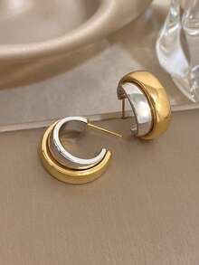 1 Pair Fashionable High-End Stainless Steel Gold & Silver Contrast Thick Hoop Earrings, Suitable For Women's Commute, Workplace, Daily Wear, Dating, Layering, Mix & Match, Birthday Gift For Girlfriend And Best Friend - Multicolor - View 4