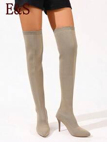 Women's Fall Winter Pointed Toe Stiletto Over-The-Knee Knit Sock Boots, High Stretch Slip-On Thigh High Boots For Daily Party Night Out Halloween - Beige - View 3