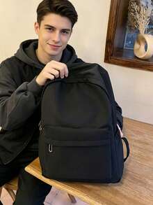 Men Casual Daypack, Black Simple Nylon Backpack, Quick Access Front Pocket, For Student Work Outdoor Short Trip, Portable Lightweight - Multicolor - View 2