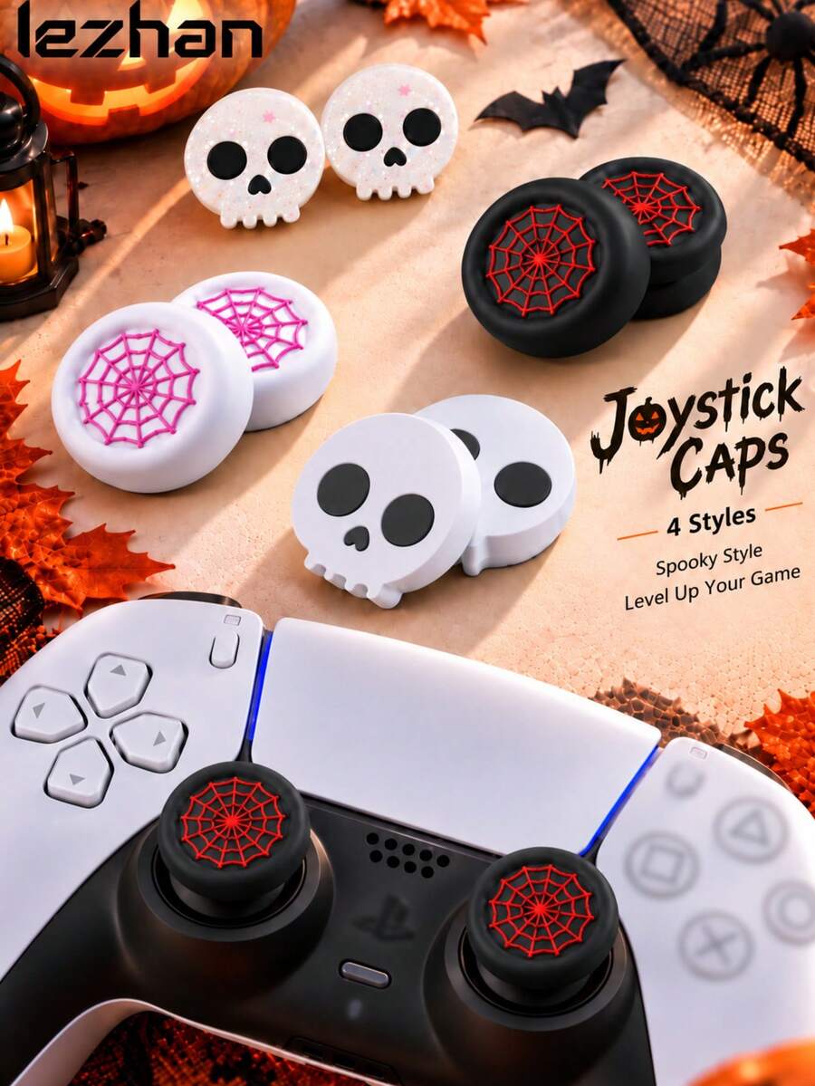 Lezhan-For PlayStation 4, 5, And Switch Pro Controllers; Includes Two Halloween-Themed Thumbstick Caps-High-Performance Caps Featuring A Skull And Spiderweb Design; An Ideal Choice For A Halloween Gift. - View 1