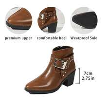 Women's Western Ankle Boots, Pointed Toe Design, Studded Decor, Buckle Detail, Chunky Heel, Boots Style, Punk Style - Brown - View 6